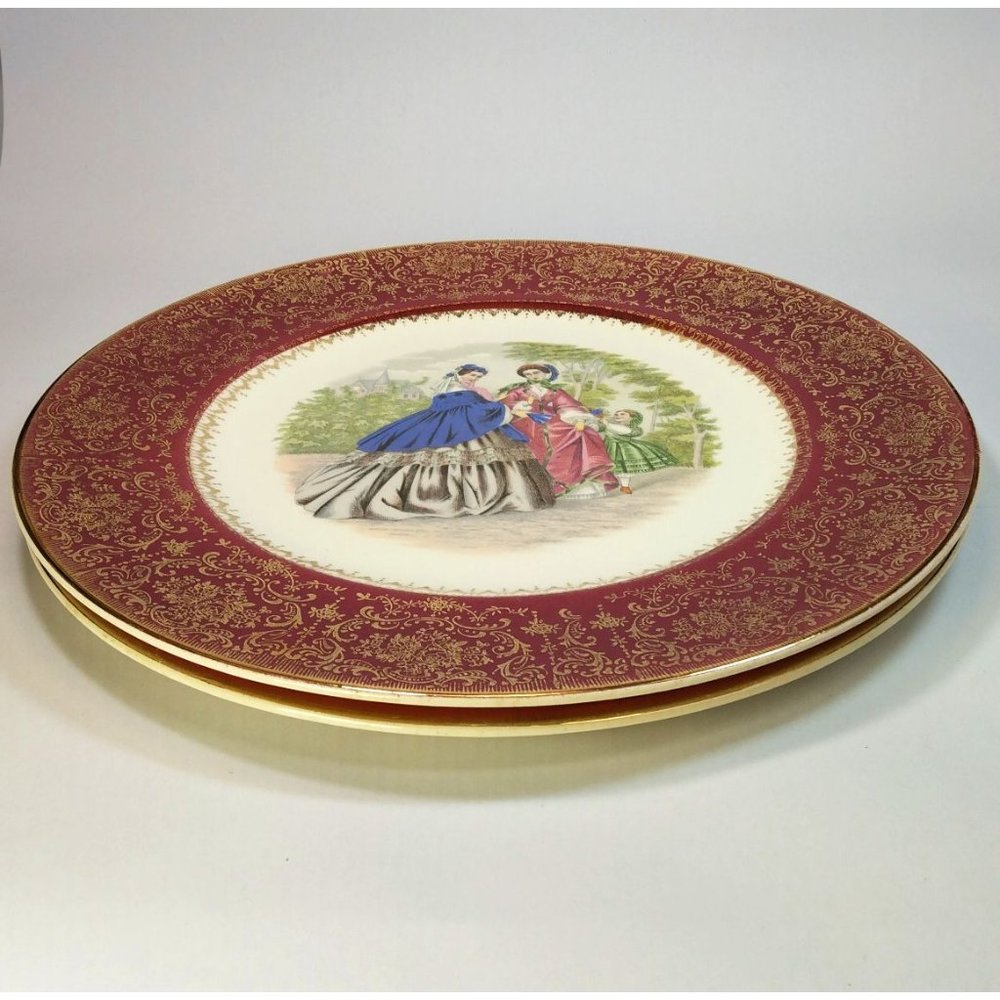 Two 23 Karat Gold trim Vintage Salem Victorian Women Dinner Plates